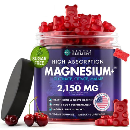 Jar of Secret Element magnesium gummy bears with cherry flavor on a white background