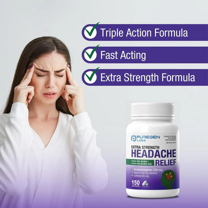 Puregen Labs Extra Strength Headache Caplets, Aspirin 250 mg (NSAID), Caffeine 65 mg, 150 Count P Puregen LabsBuy Supplements Australia