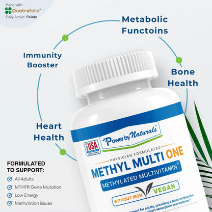 Power By Naturals Methyl Multi One - Iron-Free Methylated Multivitamin with Quatrefolic 5-MTHF, Active B12, P5P, CoQ10 & Zinc for MTHFR Support Power By Naturals