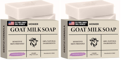 MONIER Goat Milk Soap Bar For Dry & Sensitive Skin - 100% Natural & Organic | Skin Care, Enriched With Shea Butter, Use On Face, Body & Hands, For Men, Women, Kids & Baby (Lavender, 3 Pack)