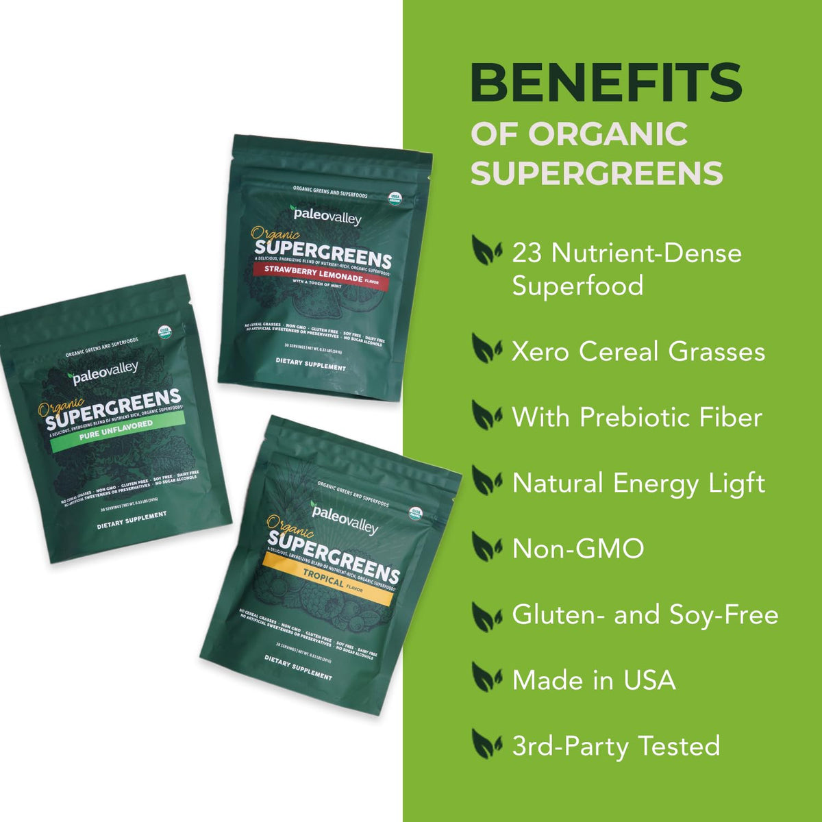 Paleovalley Organic Supergreens Powder - 23 Superfoods with Prebiotic Fiber for Energy and Immunity Support - No Cereal Grasses for Maximum Absorption - Pure Unflavored, 30 Servings PaleovalleyBuy Supplements Australia