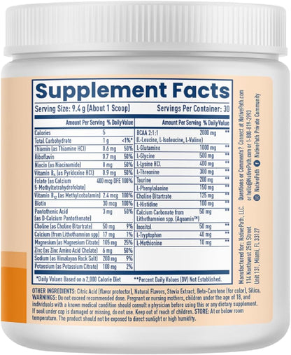 NativePath Hydrate Electrolyte Powder, Tangerine, 30 Servings | 14 Vitamins & Minerals, 9 Aminos & 2000mg BCAAs, Zero Sugar, Supports Hydration & Recovery, Stevia, Keto