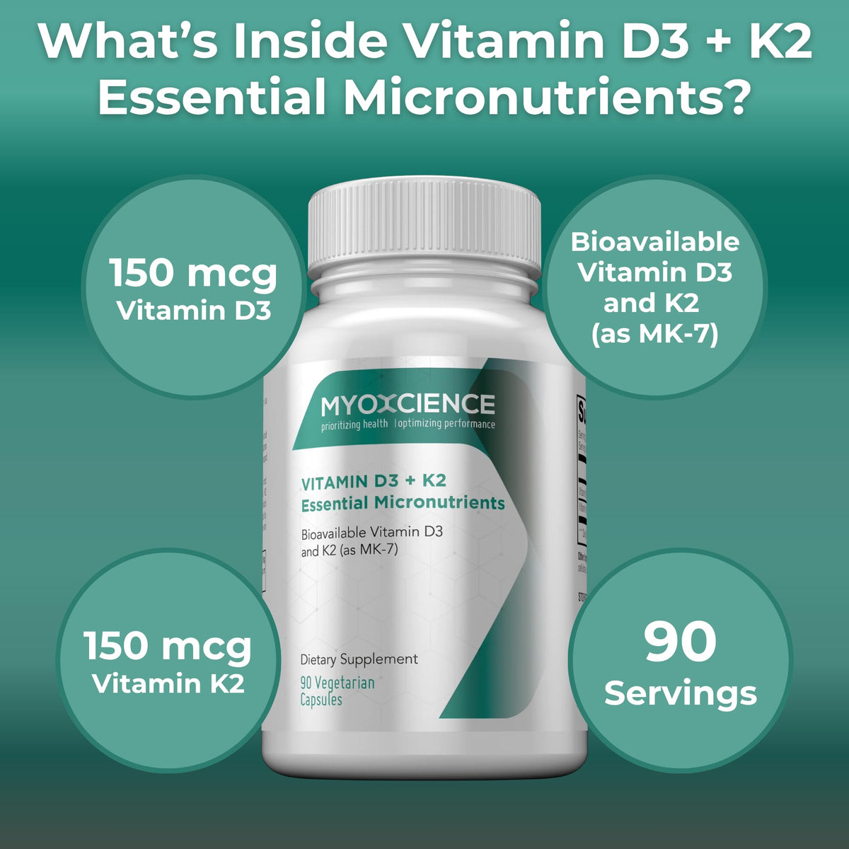 MYOXCIENCE Vitamin D3 + K2 Essential Micronutrients | Vitamin D3 5,000 IU | Vitamin K2 as MK-7 90 mcg (90 Vegetarian Capsules) MYOXCIENCE buy supplements Au
