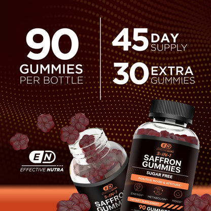 Effective Nutra Saffron Gummies for Adults 88.5mg - Mood Support & Stress Relief with GABA, Passion Flower - 5-in-1 Formula - Sugar-Free, Vegan, Non-GMO, Made in USA - 90 Count (45-Day Supply)
