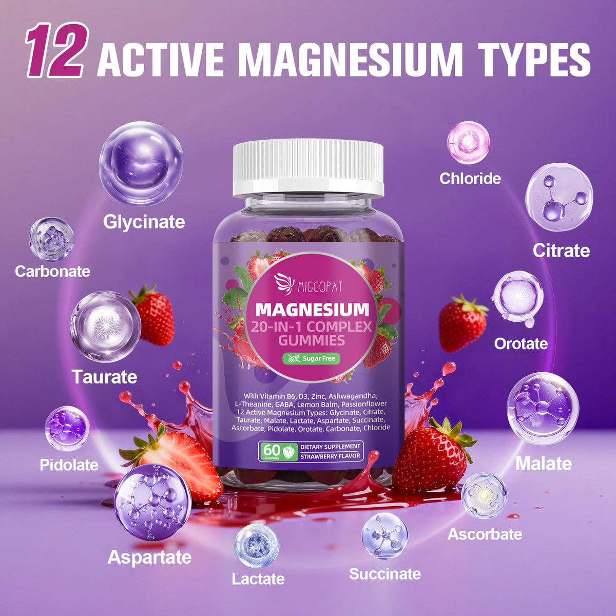 Migcopat Magnesium Complex Gummies, 20 in 1 Magnesium Gummy with Glycinate Citrate Malate Taurate - Ashwagandha, L-Theanine, D3&Zinc for Relaxation, Sleep, Muscle&Heart Support, Strawberry, 60 Cts Migcopat buy supplements Au
