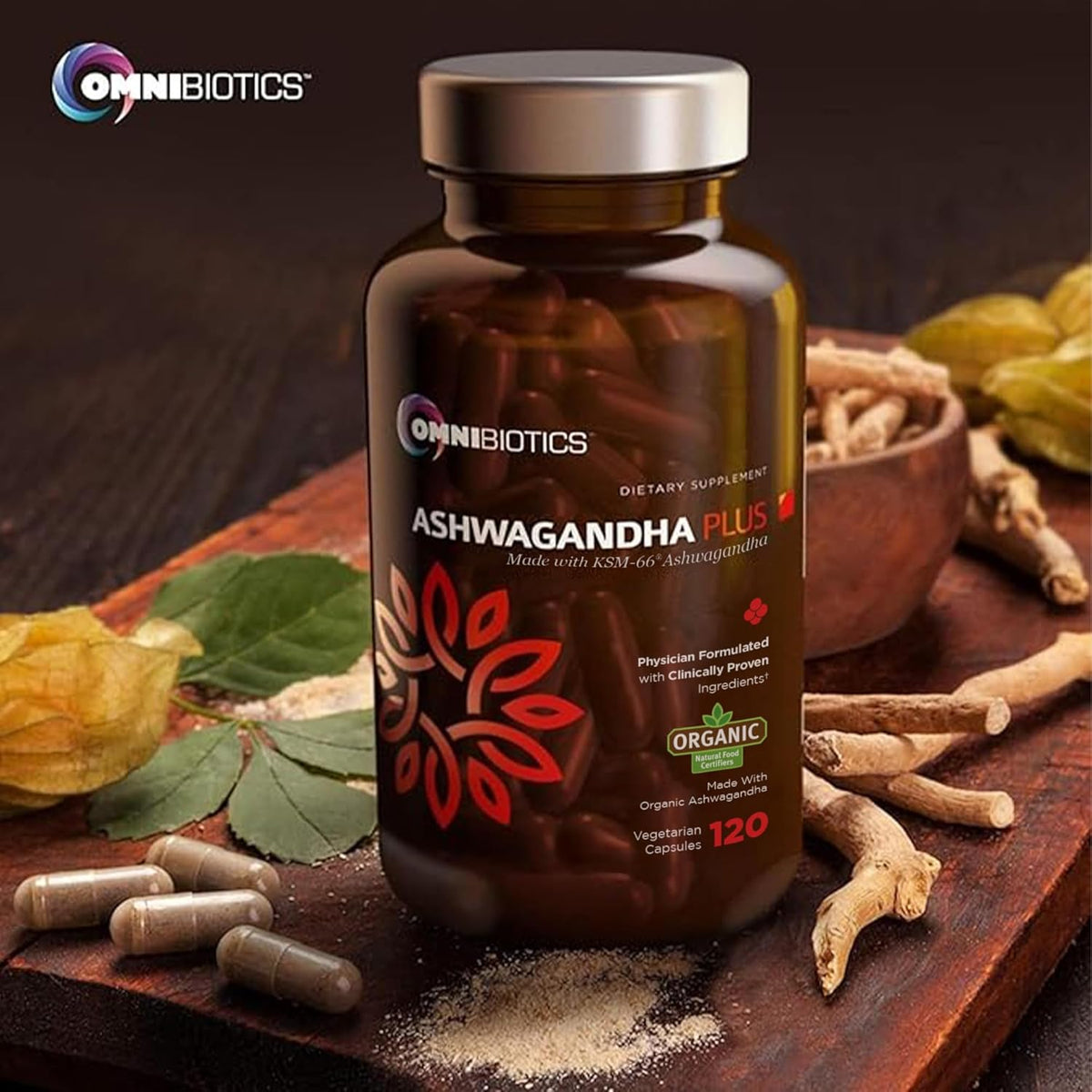 OmniBiotics Organic Ashwagandha Supplement – 1300mg Total Strength – 900mg Organic Root Powder & 400mg KSM-66 Extract – Stress Relief, Mood & Sleep Support – Non-GMO – 120 Vegan Capsules