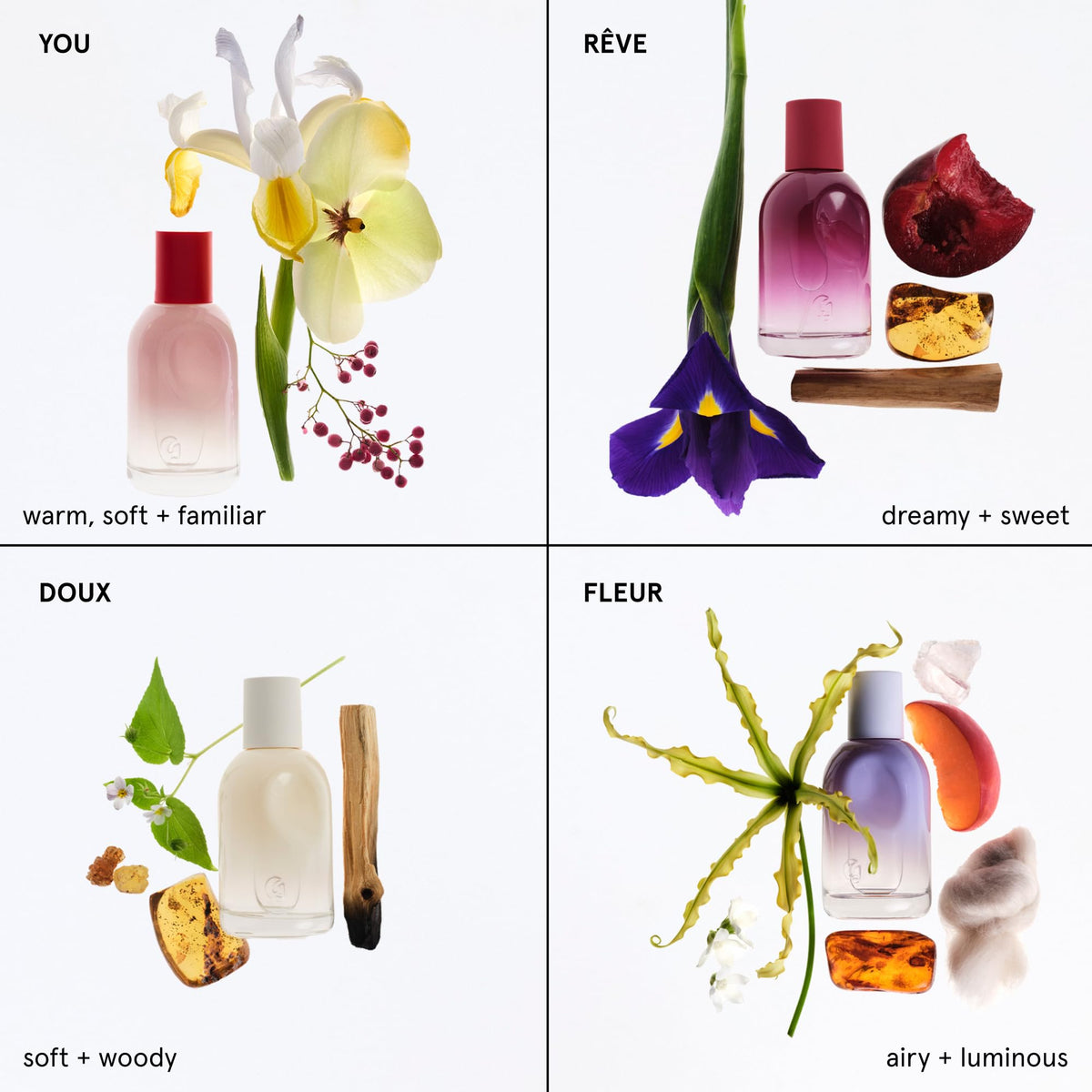 Glossier You Mini Wardrobe Fragrance Set - 4 Unisex Travel Size Eau de Parfum for Women & Men - Skin-Scent Enhancer Perfume Sampler, Smells Different on Everyone - You, Fleur, Doux, Rêve - 1.5ml Each GlossierBuy Supplements Australia