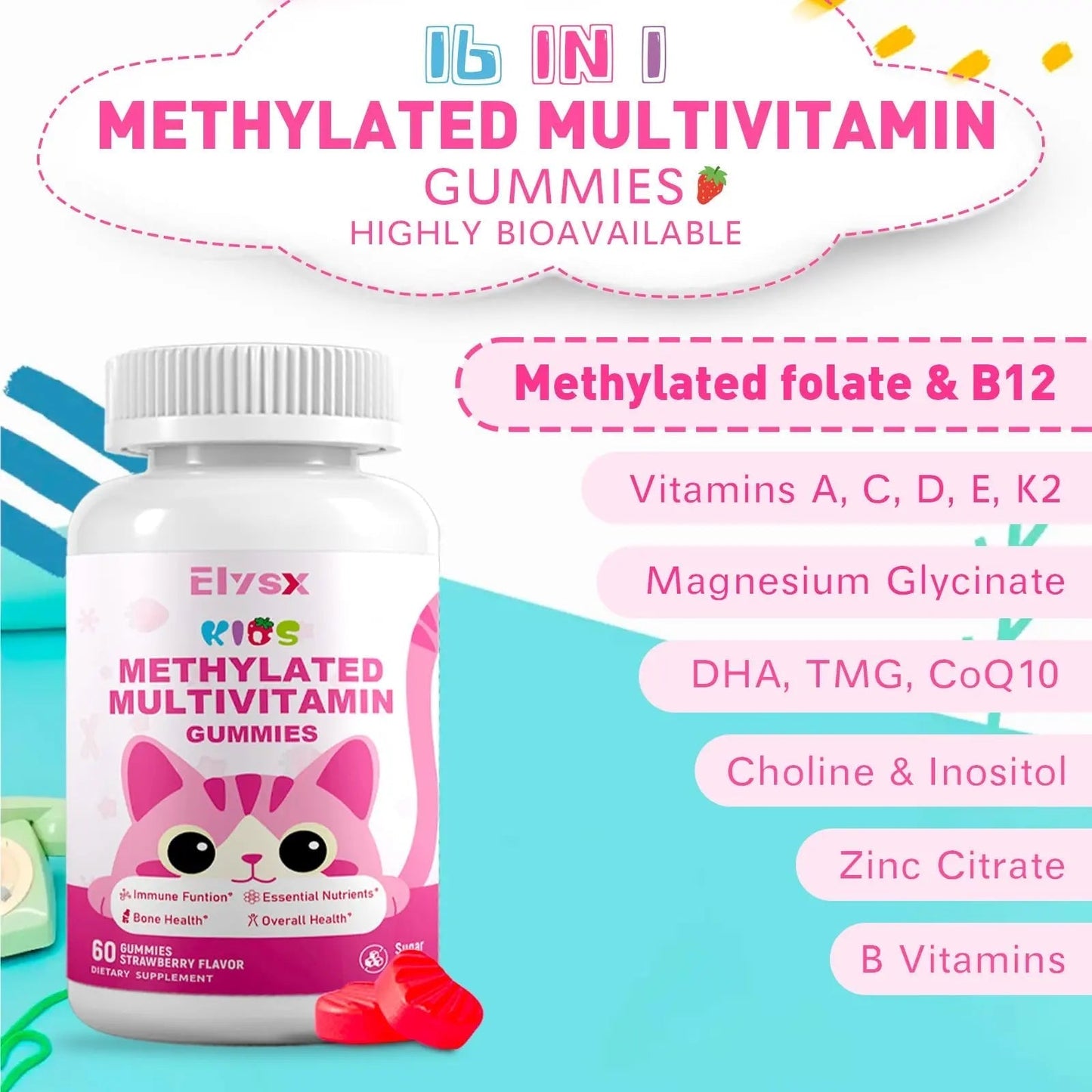 Elysx Kids Methylated Multivitamin Chewable Gummies, MTHFR Supplement with L Methylfolate, Magnesium, Biotin, Choline Elysx