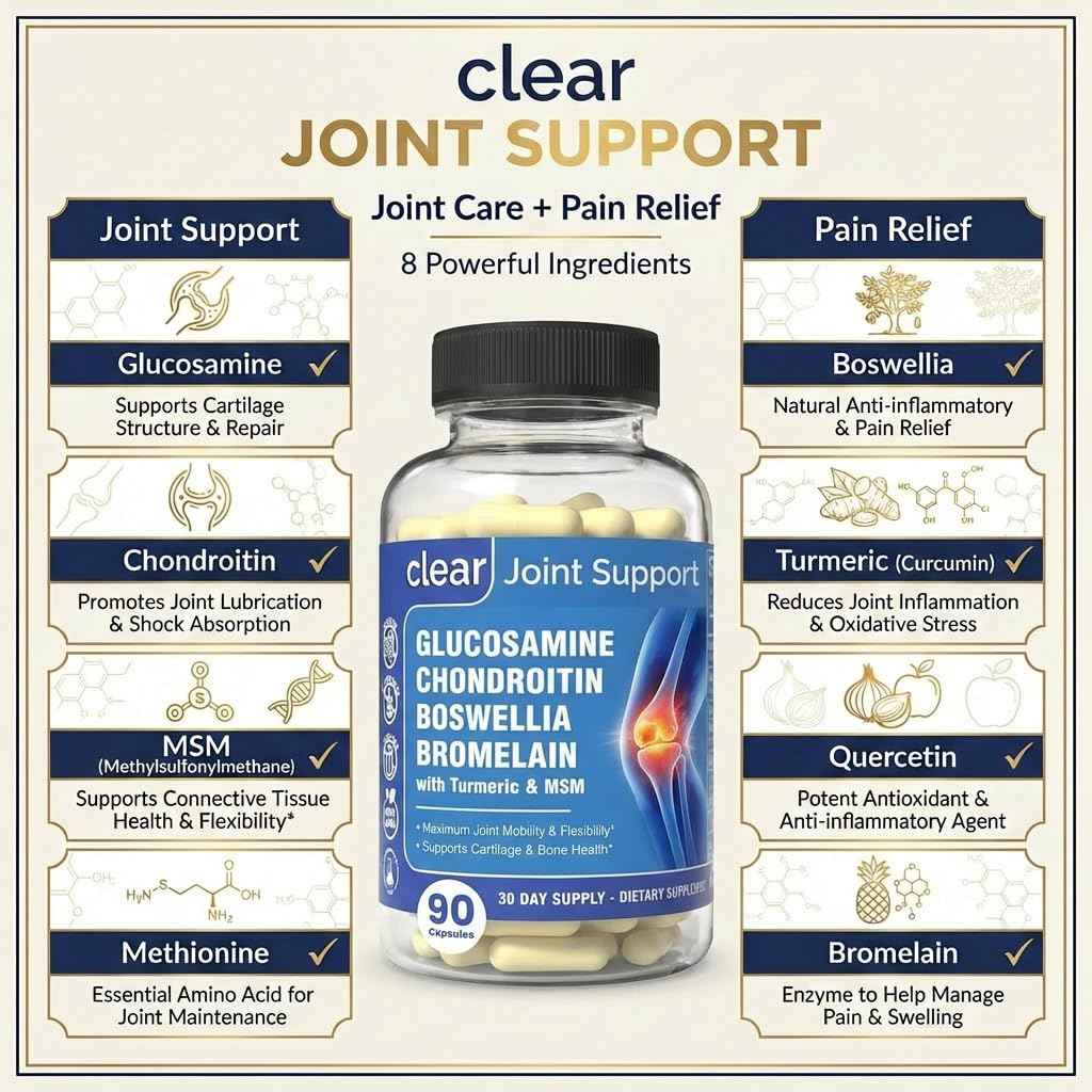 Clear Joint Support - 1500mg Glucosamine Chondroitin MSM - 8 in 1 Joint Health Supplement with Turmeric and Boswellia for Men & Women, Knee, Hip & Back Support, Made in USA, 90 Capsules