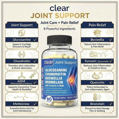 Clear Joint Support - 1500mg Glucosamine Chondroitin MSM - 8 in 1 Joint Health Supplement with Turmeric and Boswellia for Men & Women, Knee, Hip & Back Support, Made in USA, 90 Capsules