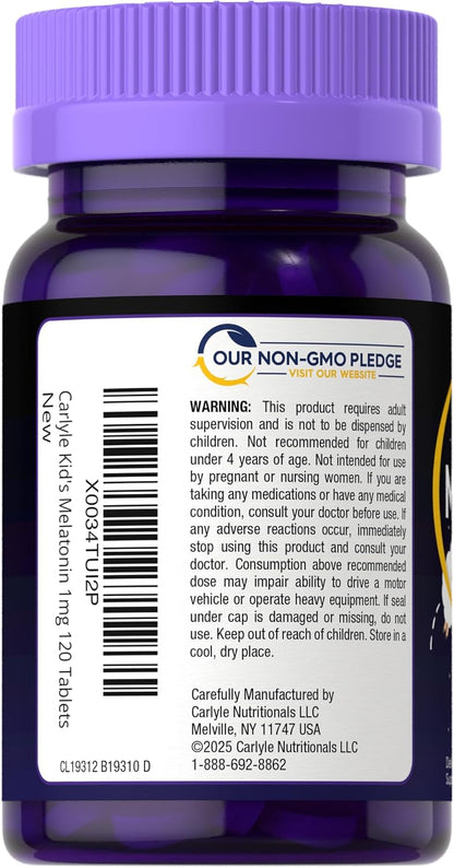 Carlyle Kids Melatonin 1mg | 120 Chewable Tablets | Fruit Flavor | Vegetarian Supplement | Non-GMO, Gluten Free Formula