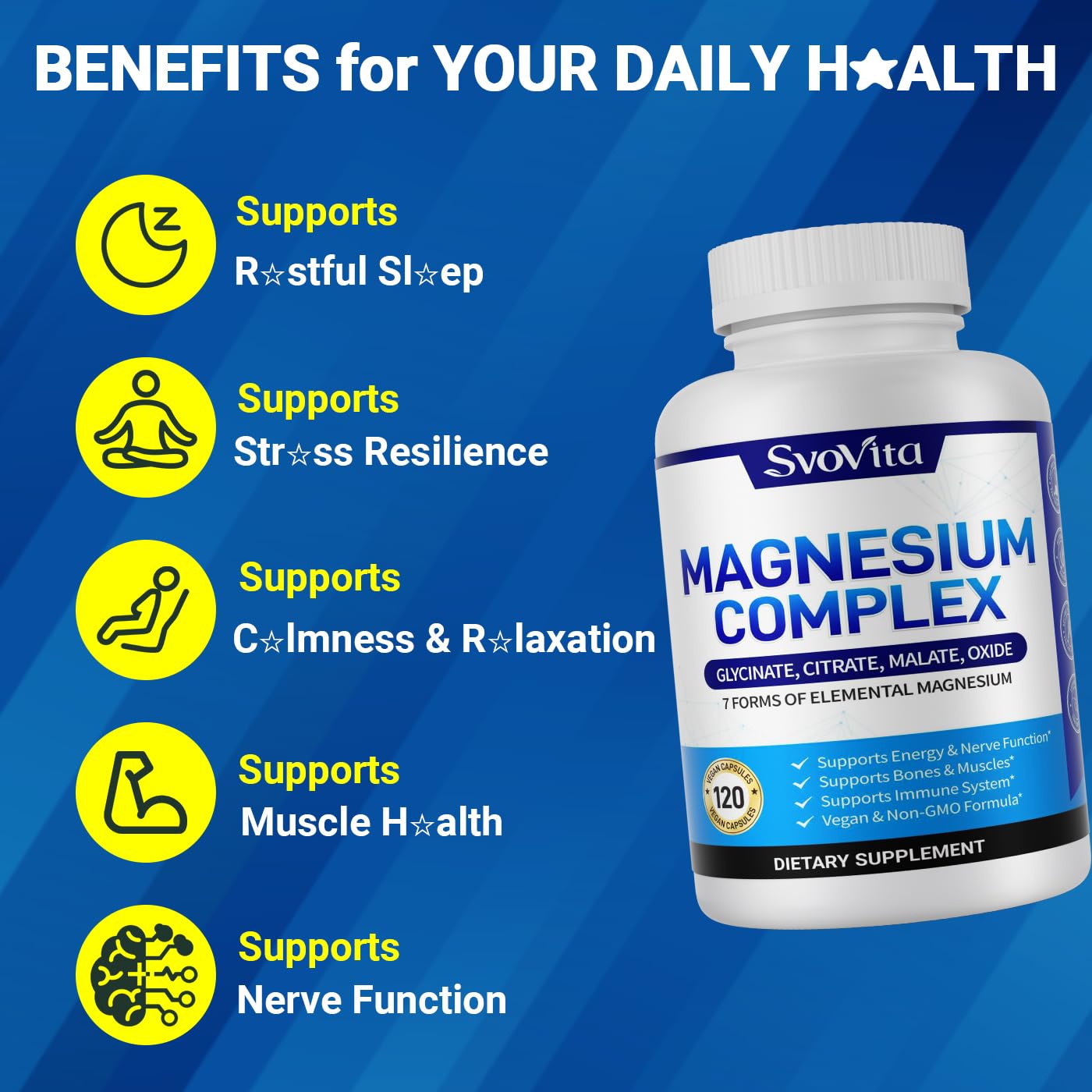 Magnesium Complex Supplement with 7 Forms of Magnesium Glycinate, Malate, Citrate & More, High Absorption for Bones, Muscle, Recovery, Energy, Vegan Non-GMO 120 Capsules Svovita buy supplements Au