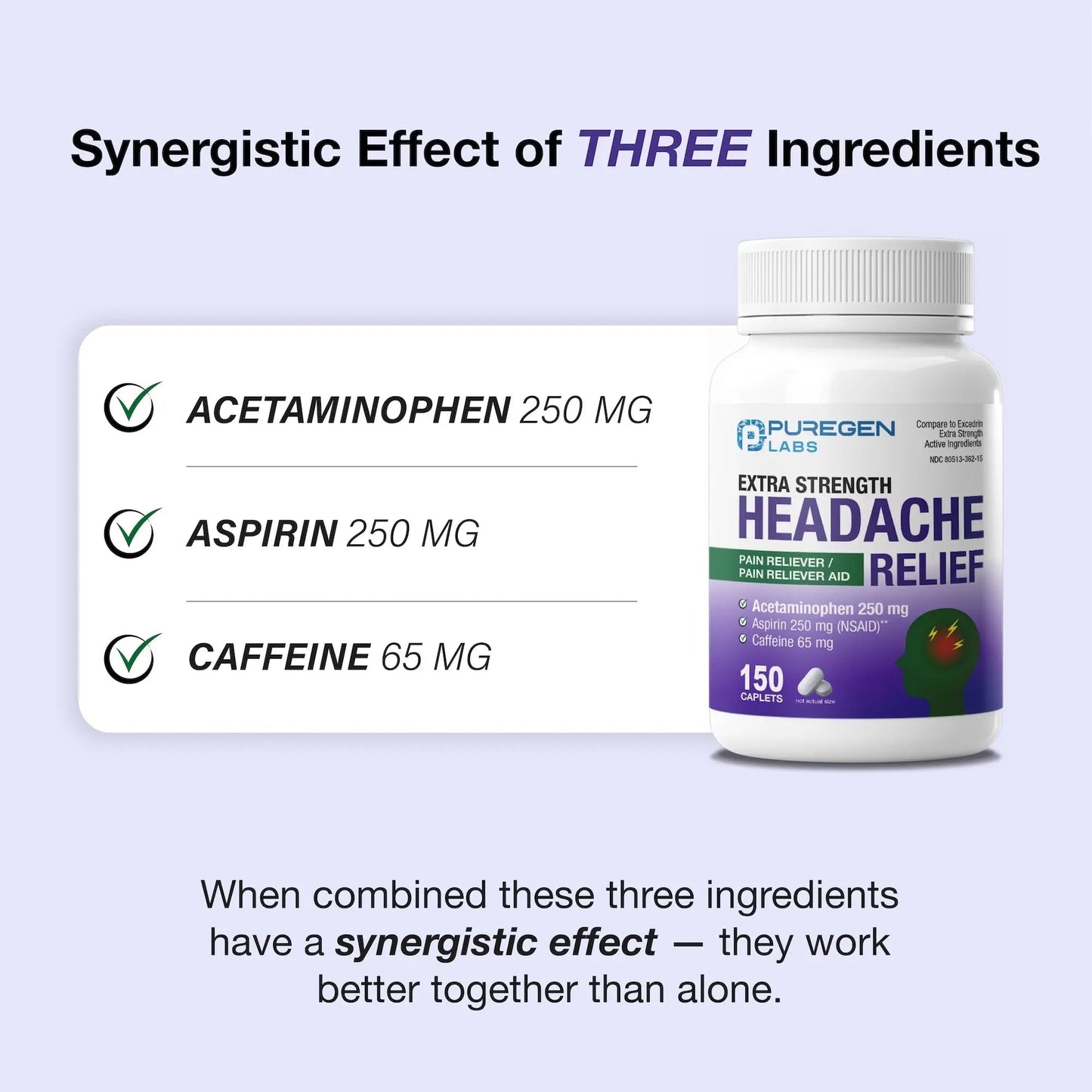Puregen Labs Extra Strength Headache Caplets, Aspirin 250 mg (NSAID), Caffeine 65 mg, 150 Count P Puregen LabsBuy Supplements Australia