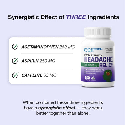 Puregen Labs Extra Strength Headache Caplets, Aspirin 250 mg (NSAID), Caffeine 65 mg, 150 Count P Puregen LabsBuy Supplements Australia