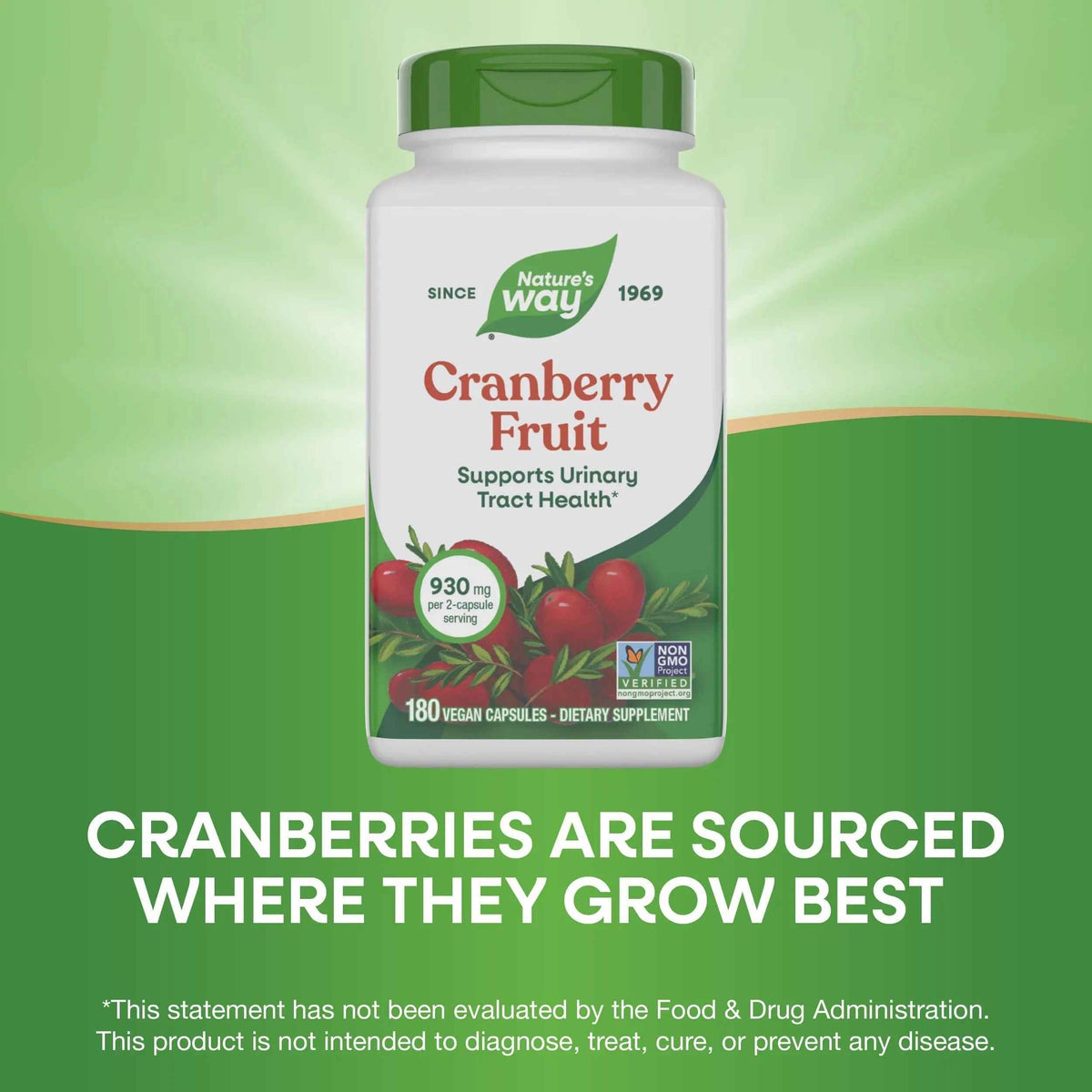 Nature's Way Cranberry Fruit, Cranberry Supplements, Supports Urinary Tract Health*, 930 mg per 2-Capsule Serving, 180 Capsules (Packaging May Vary)