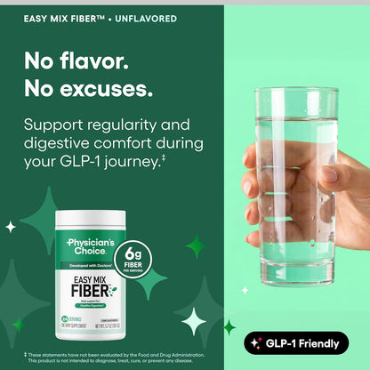 Physician's CHOICE Easy Mix Fiber for Digestive Health & Regularity - No Grit, Sugar Free, & Tasteless - Daily Prebiotic Soluble Fiber Powder Supplement for Women and Men - Unflavored - 5.7oz