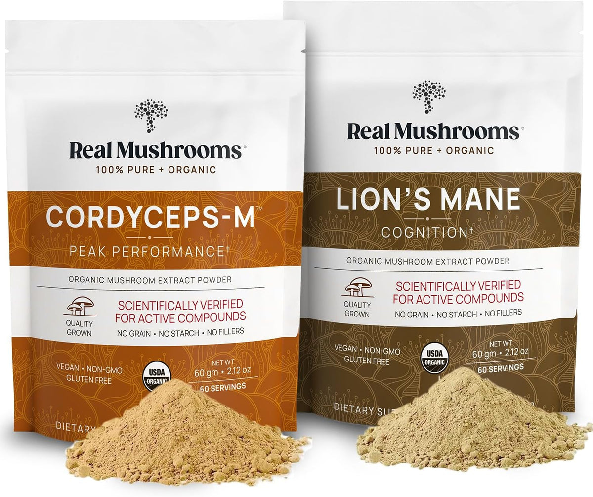 Lions Mane (60g) and Cordyceps (60g) Mushroom Extract Powder Bundle - Mushroom Supplement for Cognition, Energy and Endurance