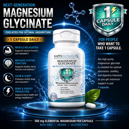 Kappa Nutrition, Magnesium Glycinate 60 Vegan Capsules, 160 mg Elemental | High-Absorption Chelated Magnesium | 1 Capsule Daily | Non-GMO, Vegan, Gluten-Free | Made in USA with Canadian Magnesium