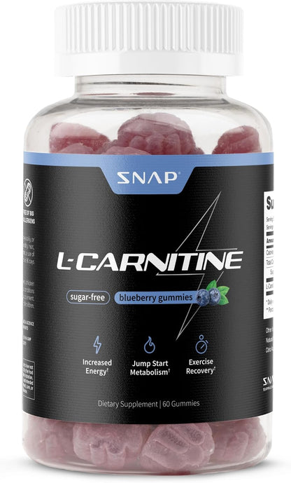 Snap Supplements L-Carnitine Tartrate, 60 Blueberry Sugar-Free Gummies | Amino Acid Supplement for Healthy Exercise Recovery, Metabolism, & Energy, Vegan, 30-Day Supply