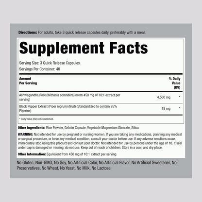 Piping Rock Ashwagandha Capsules | 120 Count | Herbal Supplement with Black Pepper Extract | for Women and Men | Non-GMO, Gluten Free