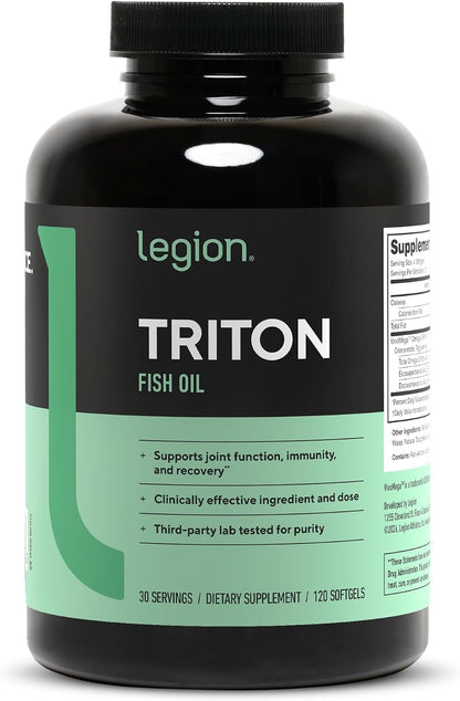 LEGION Triton Fish Oil Capsules - Triple Strength Omega 3 Essential Fatty Acids with Vitamin E & Lemon Oil for Maximum Absorption, Freshness & Purity - 2400mg EPA & DHA Per Serving, 30 Svgs