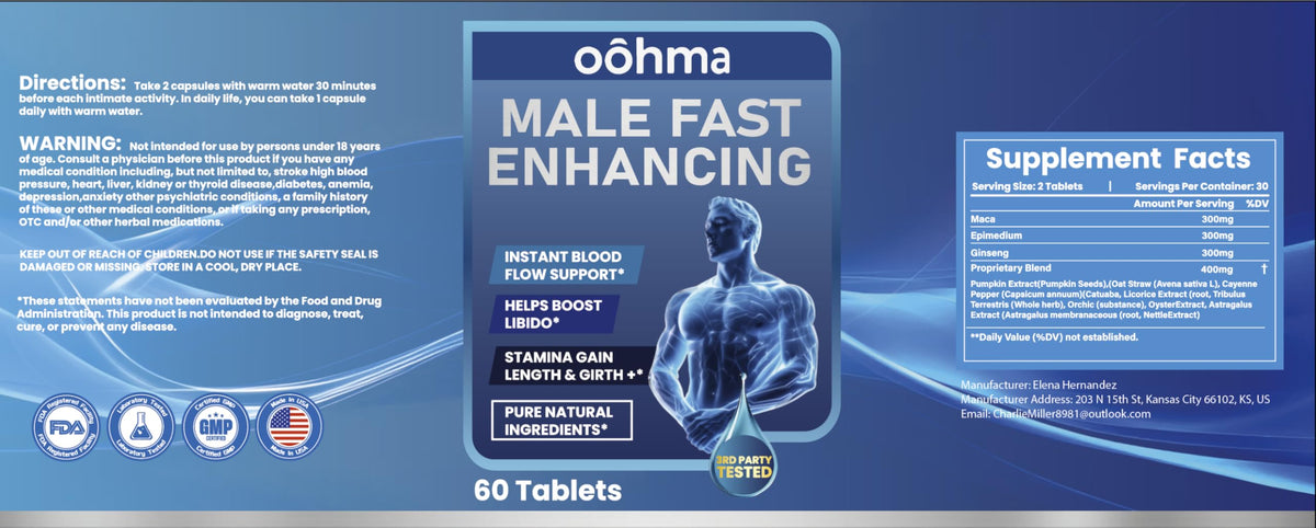 Oohma New Male Enhancing Supplement, Designed to be Fast Acting for Blood Flow to Gain Length & Girth + Stamina, Maca, Epimedium, and Other Natural Ingredients, 3rd Party Tested Supplement 60 Tablets Oohma buy supplements Au