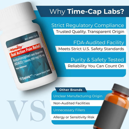 TIME-Cap Labs Dual Action Pain Reliever Acetaminophen 250mg & Ibuprofen 125mg – Back Pain, Arthritis & Headache Relief – National Brand Equivalent, Factory Direct NSAID - 72 Caplets TIME-CAP LABS, INC.Buy Supplements Australia