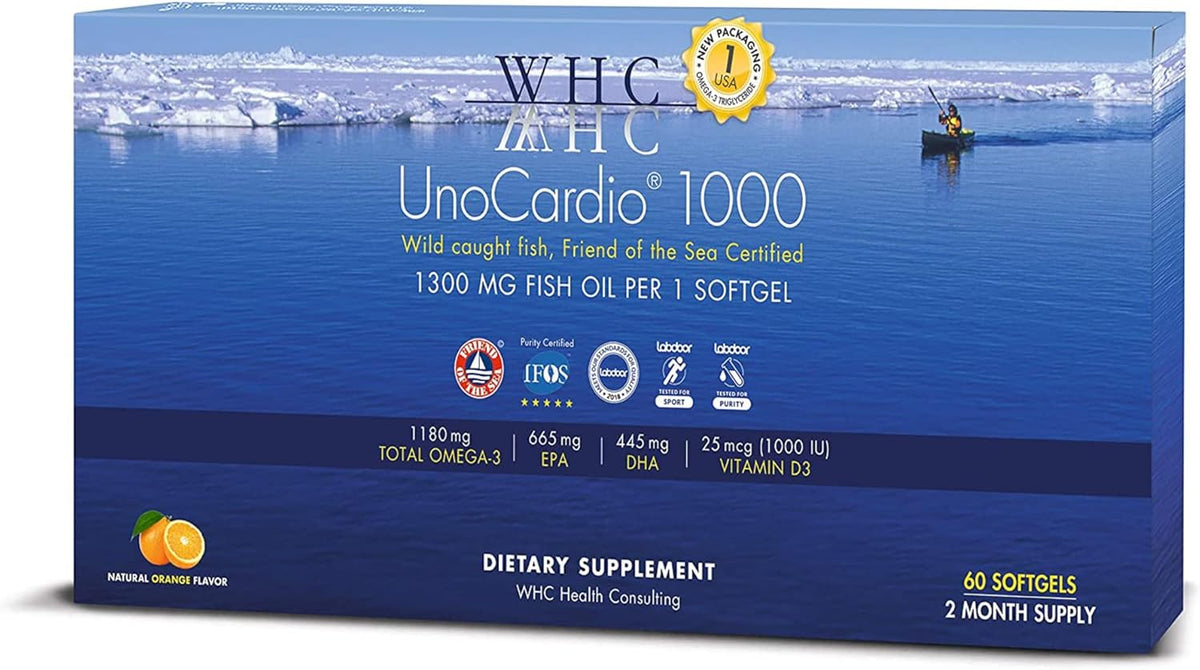 WHC, UnoCardio 1000 Fish Oil, 1300 mg of Pure Triglyceride Fish Oil with Omega-3 (1180 mg), 665 mg EPA and 445 mg DHA and 25 mcg (1000 IU) Vitamin D3 per softgel, Natural Orange, 60 softgels