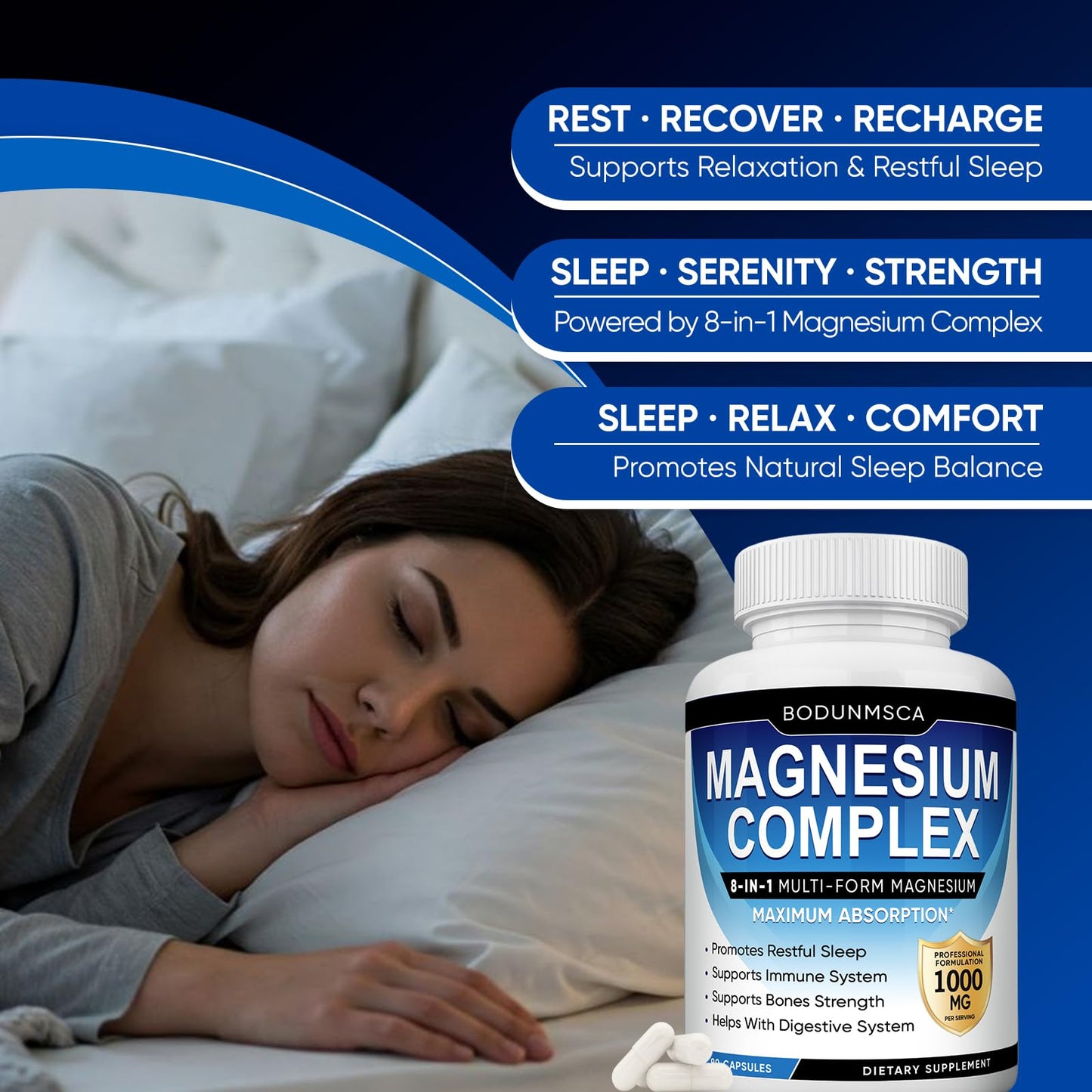 Magnesium Complex, 8 in 1, 1000mg-Glycinate, Citrate, Malate for Easy Absorption, Full Spectrum Magnesium Complex,Supports Relaxation, Sleep & Muscle Function, Magnesio Complex for Women, 180 Capsules BODUNMSCA buy supplements Au