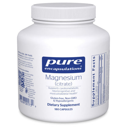 Supplement bottle labeled 'pure encapsulations' with magnesium citrate on a white background