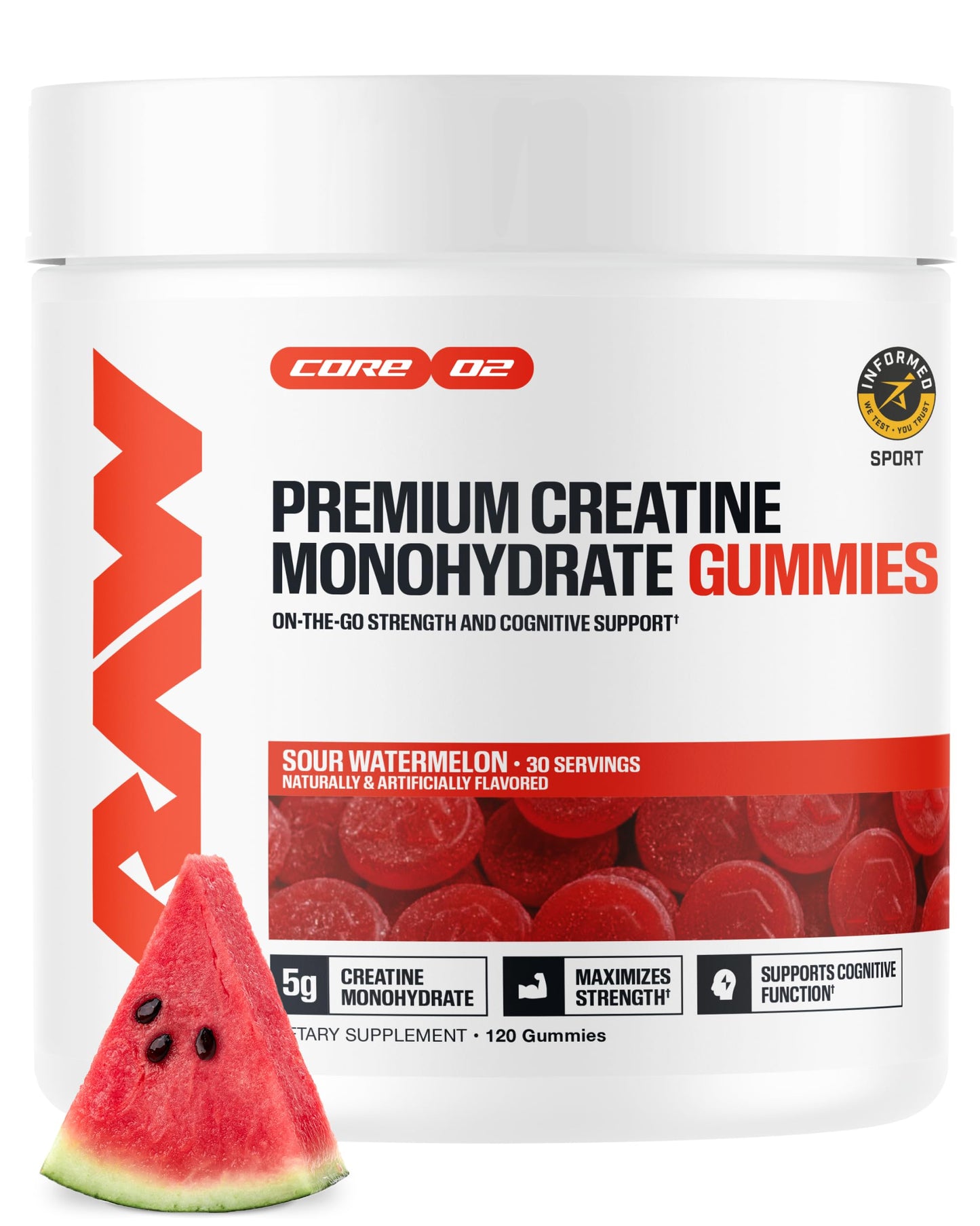RAW Nutrition Creatine Gummies, Blue Raspberry, 5g Creatine Monohydrate, Supports Strength & High-Intensity Performance, No Mixing Chewable Pre/Post Workout Supplement, 120 Gummies (30 Servings)