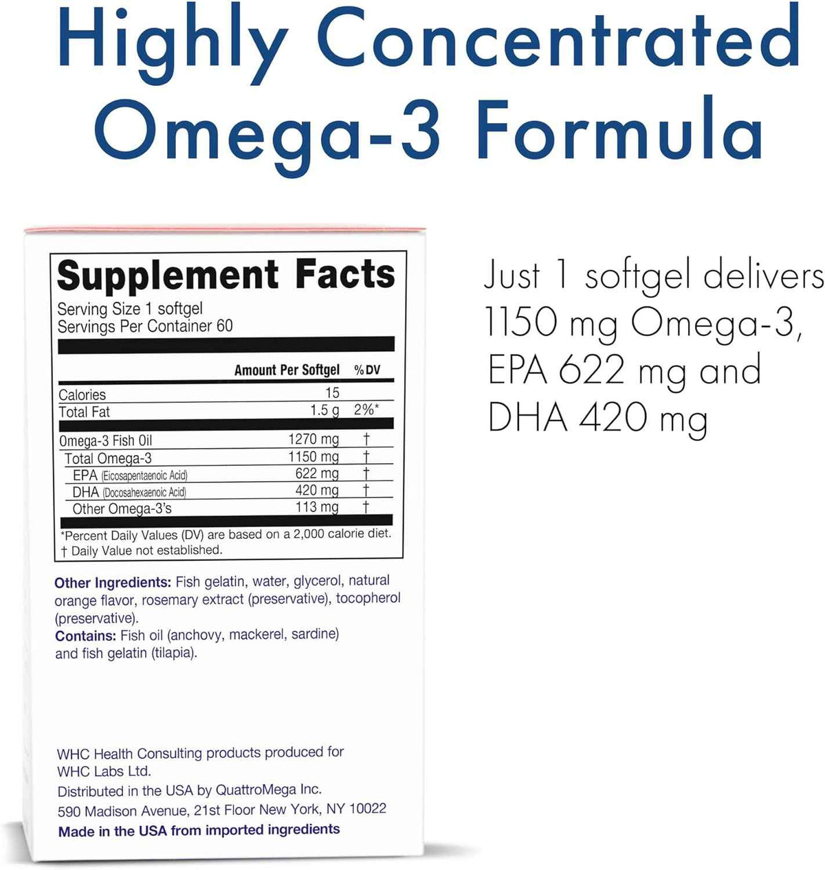 WHC, UnoCardio X2 Fish Oil, Triglyceride Omega-3 Fatty acids, 1270 mg Fish Oil Supplement (622 mg EPA / 420 mg DHA/Total 1150 mg of Omega-3 per Serving), Natural Orange, 60 softgels