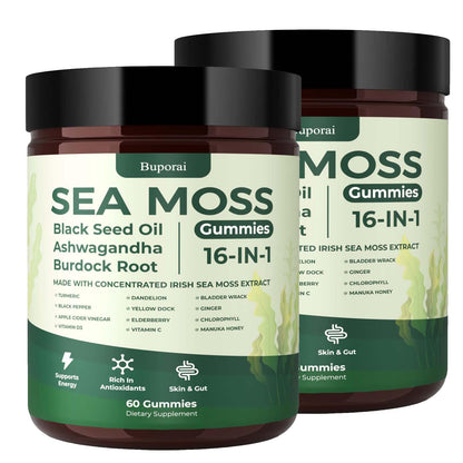 Sea Moss Gummies 16-1, Black Seed Oil Ashwagandha Turmeric Bladder Wrack Vitamin C Vitamin D3 Elderberry Manuka Dandelion Yellow Dock Apple Cider Vinegar for Men & Women