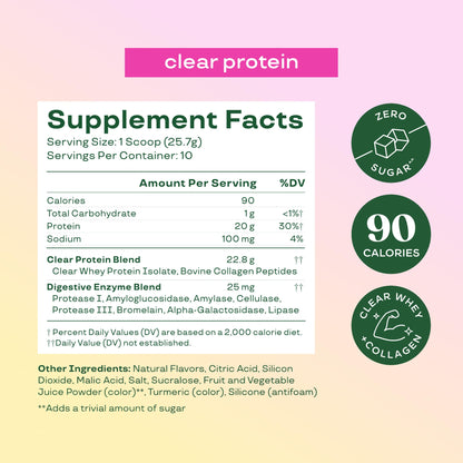 Bloom Nutrition Clear Whey Protein, Strawberry Watermelon, 10 Servings | Whey Protein Isolate with Collagen Peptides & Digestive Enzymes, 20g Protein, Sugar Free Post Workout Drink Mix, 90 Calories