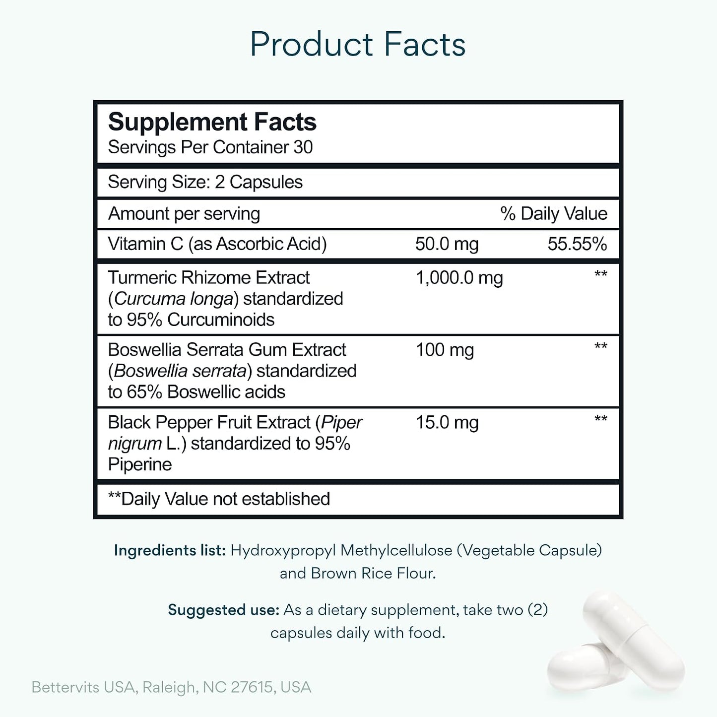 Bettervits Turmeric Curcumin Supplement with Black Pepper and Boswellia Serrata | Organic 1000mg Turmeric Supplement for Enhanced Absorption and Vitamin C | Joint Support - Non-GMO | 60 Vegan Capsules