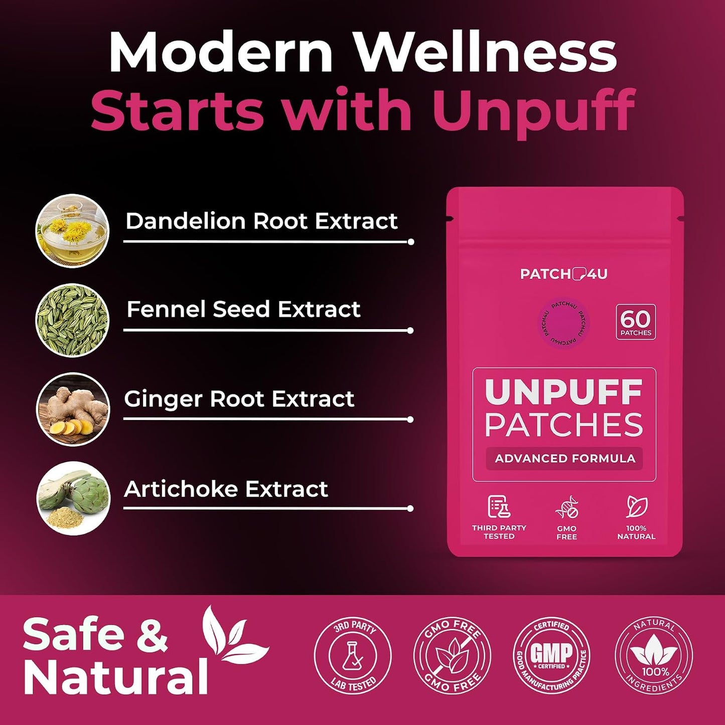 PATCH4U Unpuff Patches with Dandelion & Ginger 60 Count (60 Day Supply)