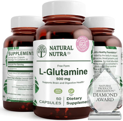 Natural Nutra L-Glutamine Supplements, 500 mg, 50 Capsules | Helps to Promote Optimal Brain Functioning, Supports Digestive Functioning, Improves Muscle Health & Boosts Memory & Focus