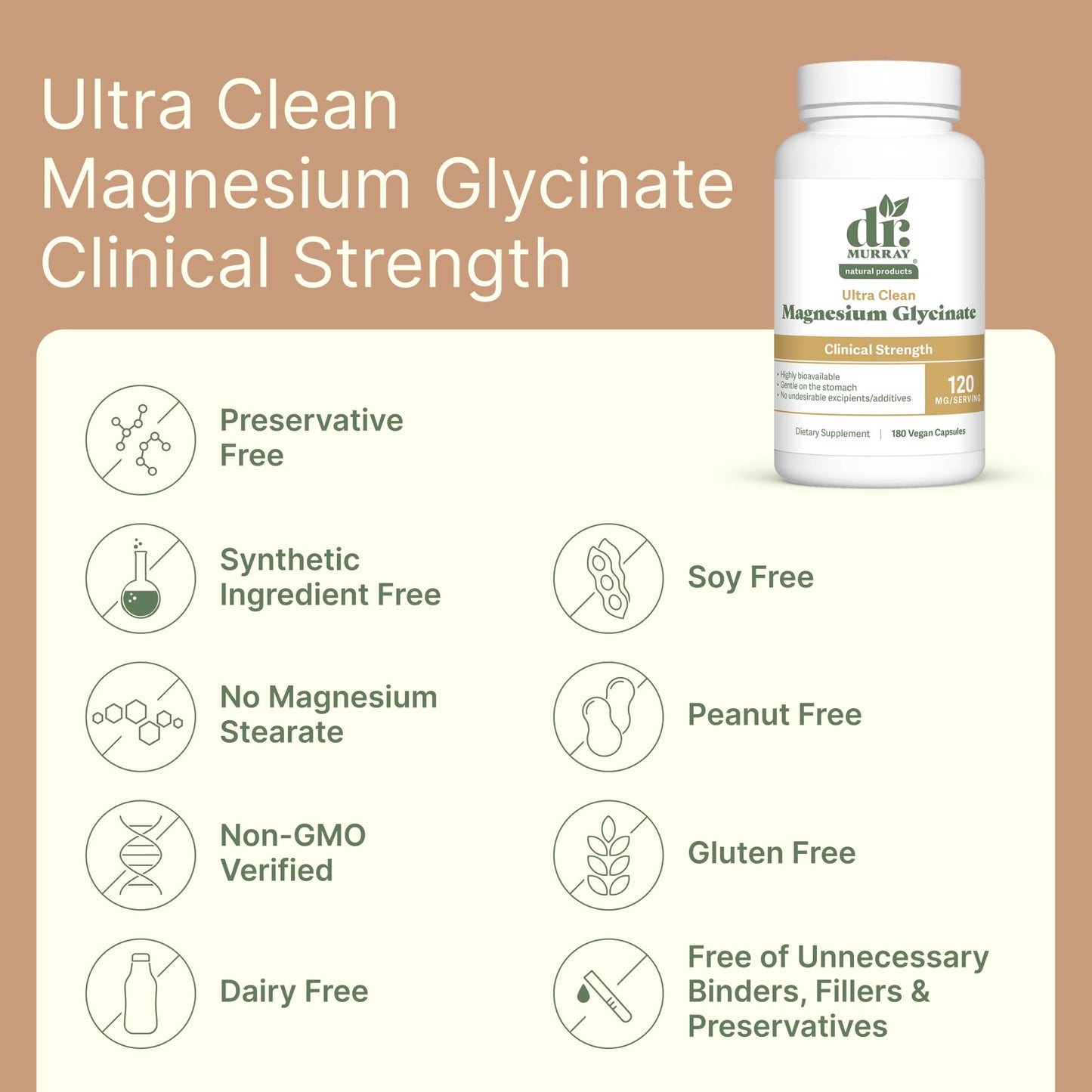 Dr. Murray's Ultra Clean Magnesium Glycinate | Supports Sleep, Relaxation, Heart & Muscle Function | Vegan | 120 mg | No Magnesium Stearate or Artificial Additives | 90 Capsules