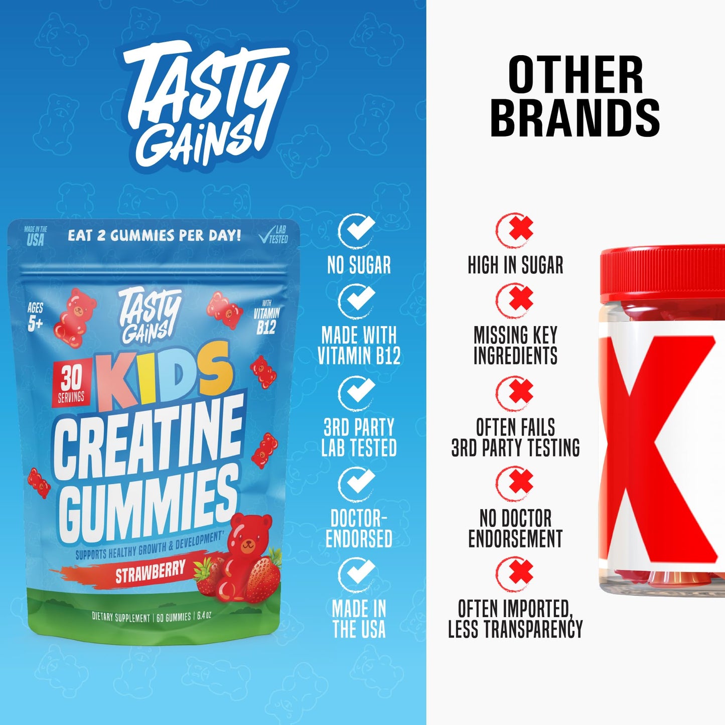 TASTY GAINS Kids & Teen Creatine Gummies with Vitamin B12 for Growth Support, Easy Chew Daily Supplement, Gummy Vitamins for Kids and Teens, Ages 5+ TASTY GAINS buy supplements Au