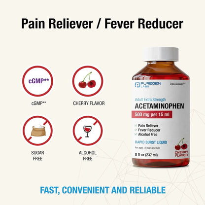 Puregen Labs Adult Extra Strength Acetaminophen Liquid 500mg/15ml - 8 fl oz Rapid Burst Pain Reliever/Fever Reducer, Cherry Flavor | Muscle & Joint Pain Relief | Arthritis Pain Relief P Puregen LabsBuy Supplements Australia