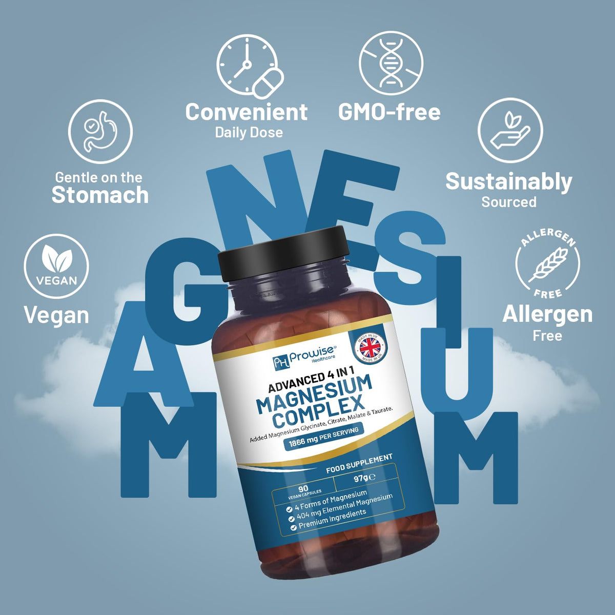 Magnesium Glycinate Complex 4 in 1-1866mg per Serving | Precise 404mg Elemental Magnesium dose | Added Magnesium Glycinate, Citrate, Malate & Taurate | 90 Vegan Capsules - by Prowise PH PROWISE Healthcare buy supplements Au