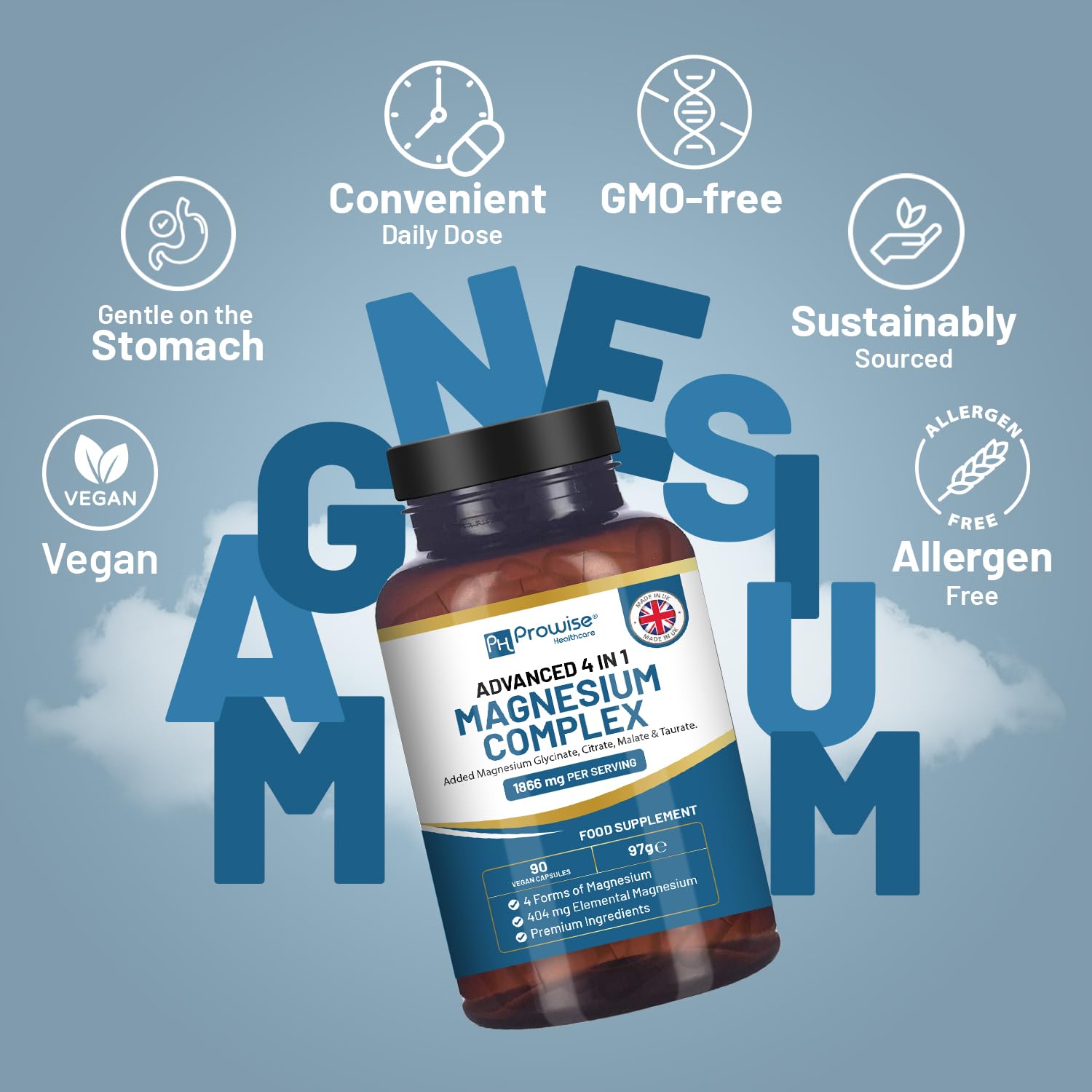 Magnesium Glycinate Complex 4 in 1-1866mg per Serving | Precise 404mg Elemental Magnesium dose | Added Magnesium Glycinate, Citrate, Malate & Taurate | 90 Vegan Capsules - by Prowise PH PROWISE Healthcare buy supplements Au