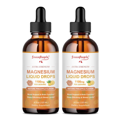 Two bottles of Green People magnesium liquid drops on a white background