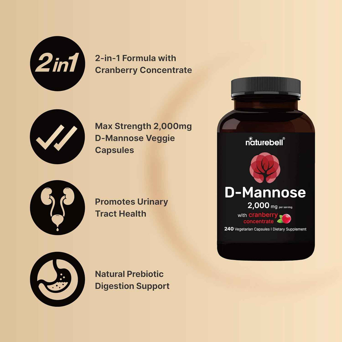 NatureBell D-Mannose 500mg Capsules (2,000mg Per Serving) | 240 Veggie Capsules + Cranberry Concentrate 40mg – Fast Acting Urinary Tract Health Pills – Ultra UTI Support for Women & Men
