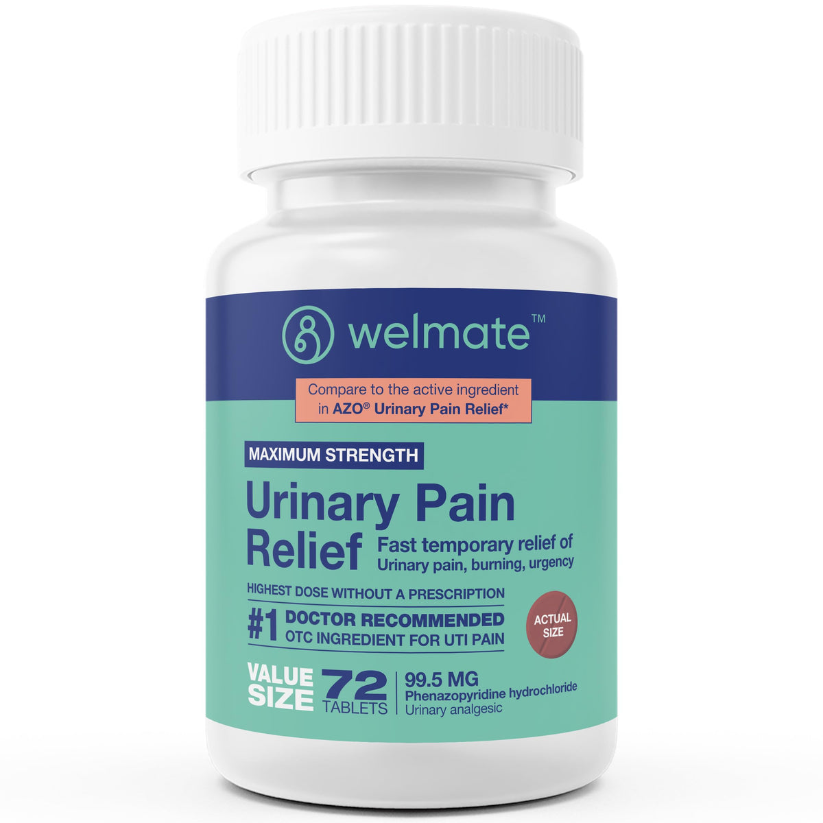 Supplement Product​WELMATE Urinary Pain UTI Relief Maximum Strength (Phenazopyridine HCL) - Improve Urinary Tract Health & Bladder Control, Urgency, & Discomfort | Over-The-Counter Medication for Men & Women (72 Pills) - GlowUpCaUSA