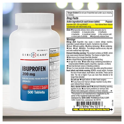 GeriCare Ibuprofen 200mg, Pain Reliever, Fever Reducer, Relieves Body Aches, 500 Count (Pack of 1) GeriCareBuy Supplements Australia