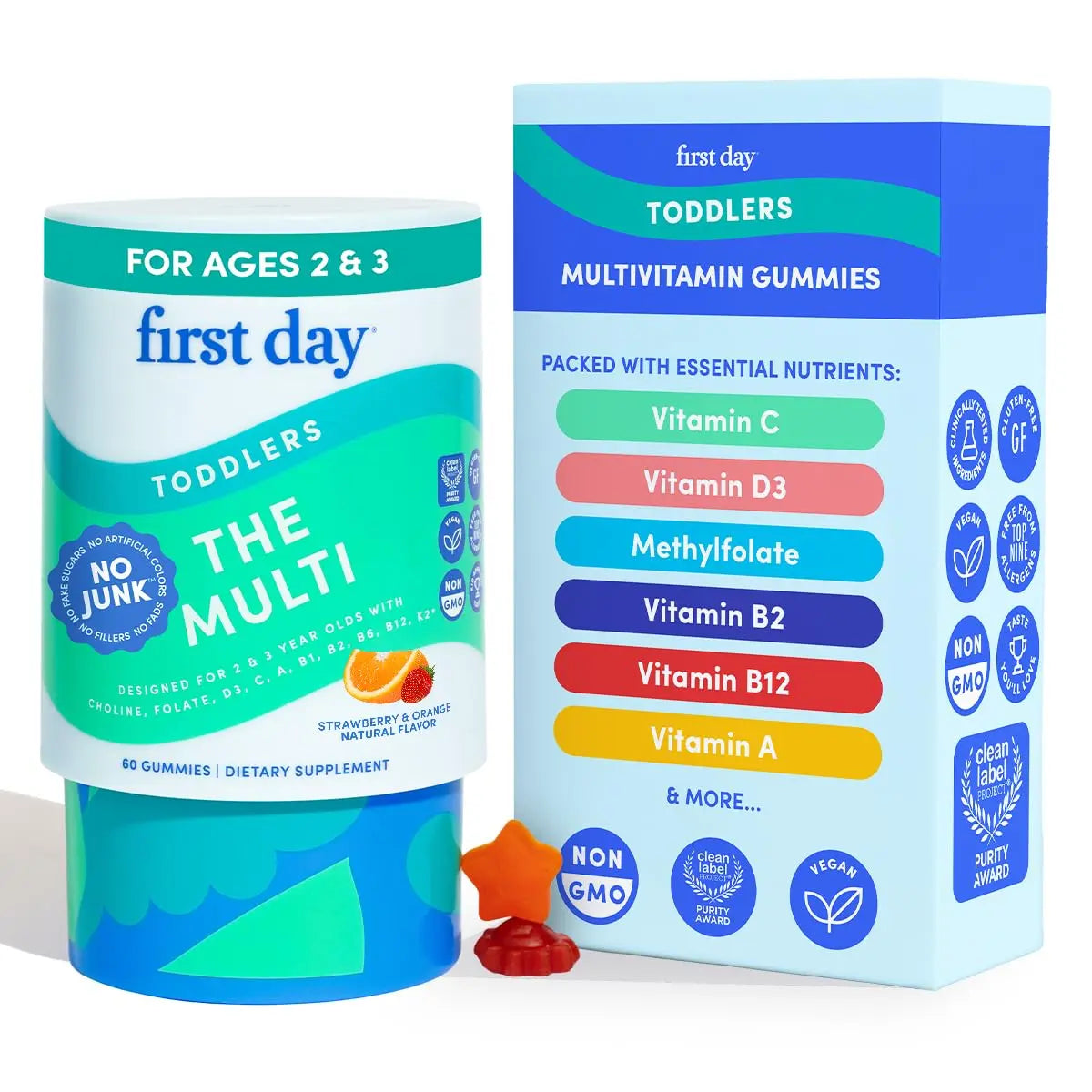 FIRST DAY Toddler Multivitamin Gummies (Ages 2-3)| Kids Multivitamin Gummies with Vitamins A C D3, B2, B12, Choline, Folate and 21 Organic Superfoods| (30 Day Supply) FIRST DAY