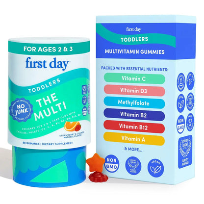 FIRST DAY Toddler Multivitamin Gummies (Ages 2-3)| Kids Multivitamin Gummies with Vitamins A C D3, B2, B12, Choline, Folate and 21 Organic Superfoods| (30 Day Supply) FIRST DAY