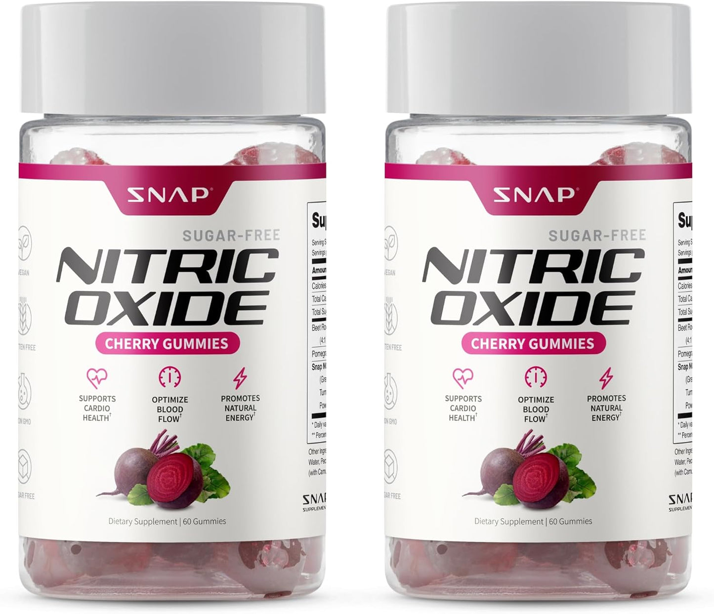 Snap Supplements Nitric Oxide Beet Root Gummies, Cherry, 60 Count (2-Pack) | Sugar Free, For Men & Women, Heart Health & Circulation, Organic Beetroot Extract, Natural Energy, B12, Beets Gummies