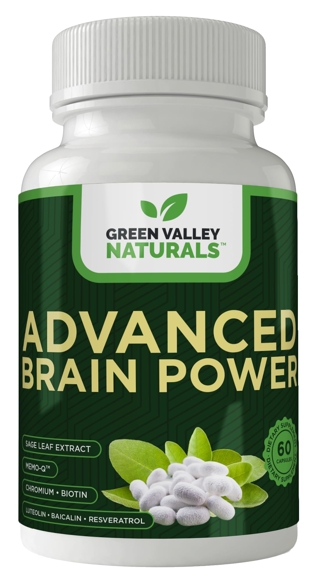 Bottle of Green Valley Naturals Advanced Brain Power supplement on a white background